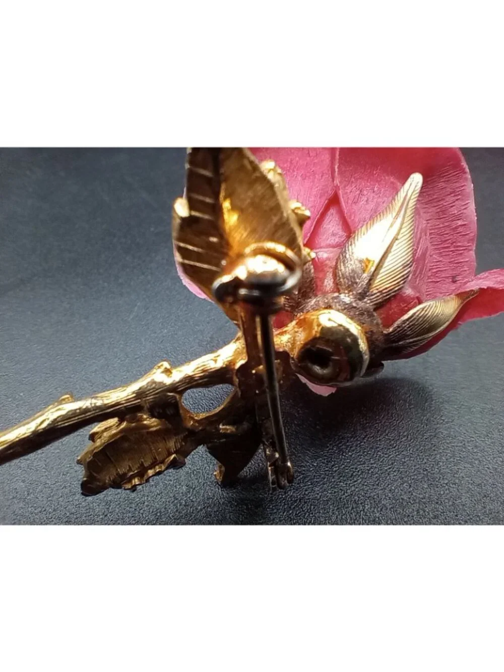 Vintage Pink Rose Brooch Pin Gold Tone Stem Leaves Signed BARI 3.25